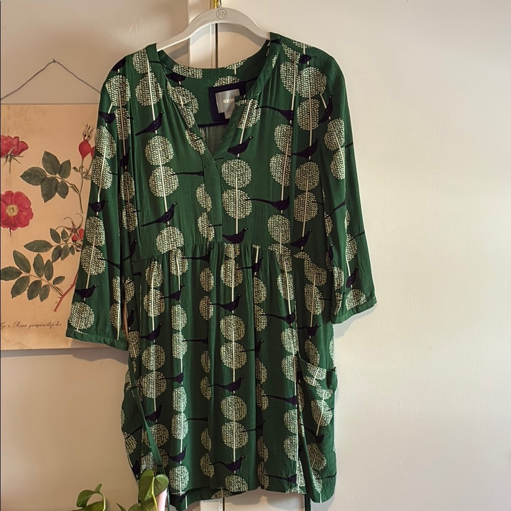 Green Printed V-Neck Tunic Dress